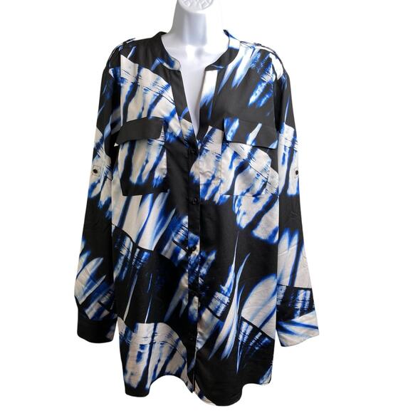 Calvin Klein Blue Modern Design Roll Tab Top Est. Size 3X Art To Wear Boho Chic - Picture 1 of 13